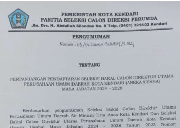 Pengumuman : Perpanjangan Pendaftaran Seleksi Bakal Calon Direktur Utama Perusahaan Umum Daerah Kota Kendari ( Aneka Usaha ) Masa Jabatan 2024 – 2028