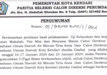 Pengumuman : 3 besar Calon Direktur Perumda Air Minum Tirta Anoa & Calon Direktur Perumda (Aneka Usaha) Kota Kendari