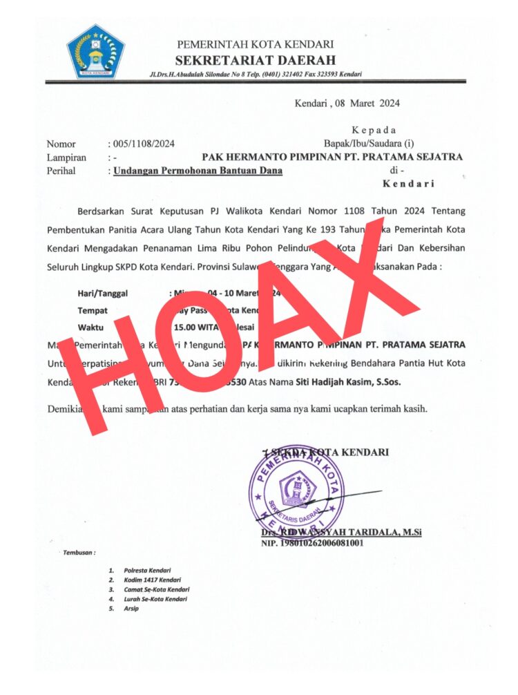 Pengumuman : Hoax permintaan sumbangan dalam rangka HUT Kota Kendari ke-193
