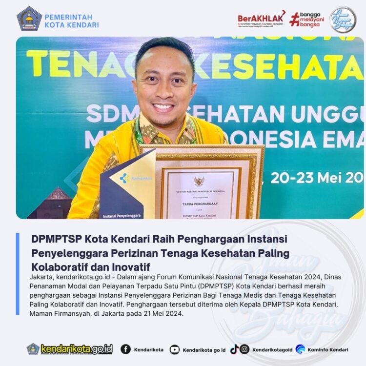 DPMPTSP Kota Kendari Raih Penghargaan Instansi Penyelenggara Perizinan Tenaga Kesehatan Paling Kolaboratif dan Inovatif