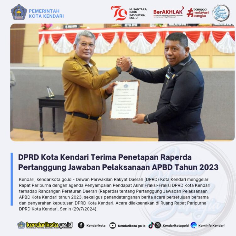 DPRD Kota Kendari Terima Penetapan Raperda Pertanggung Jawaban Pelaksanaan APBD Tahun 2023