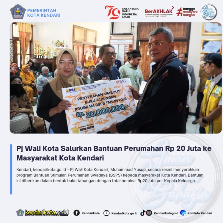 Pj Wali Kota Salurkan Bantuan Perumahan Rp 20 Juta ke Masyarakat Kota Kendari