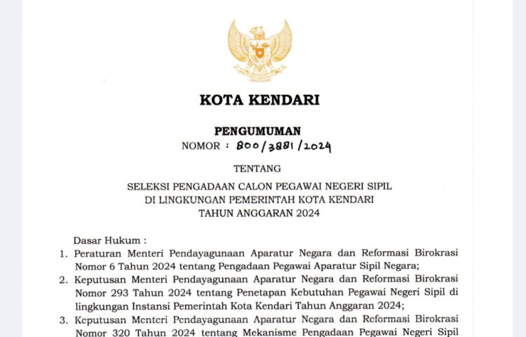 Pengumuman : Seleksi Pengadaan CPNS lingkup Pemerintah Kota Kendari tahun 2024