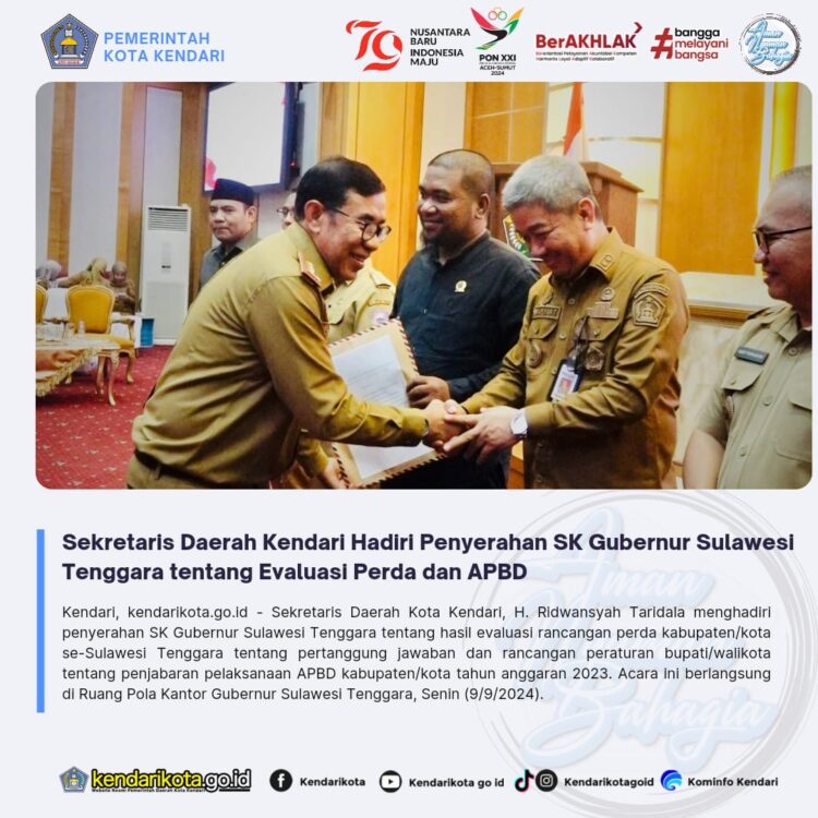 Sekretaris Daerah Kendari Hadiri Penyerahan SK Gubernur Sulawesi Tenggara tentang Evaluasi Perda dan APBD