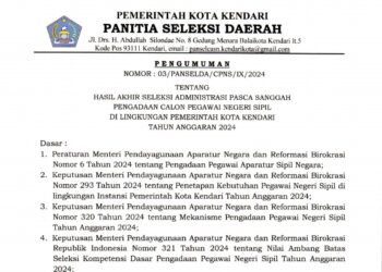 Pengumuman : Hasil Akhir Seleksi Administrasi Pasca Sanggah Pengadaan CPNS Di Lingkungan Pemerintah Kota Kendari Tahun Anggaran 2024