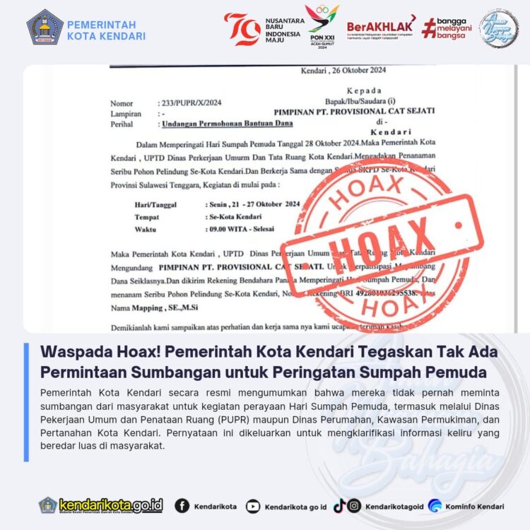 Waspada Hoax! Pemerintah Kota Kendari Tegaskan Tak Ada Permintaan Sumbangan untuk Peringatan Sumpah Pemuda