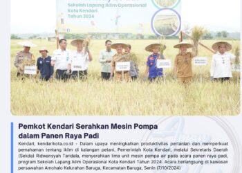 Pemkot Kendari Serahkan Mesin Pompa dalam Panen Raya Padi