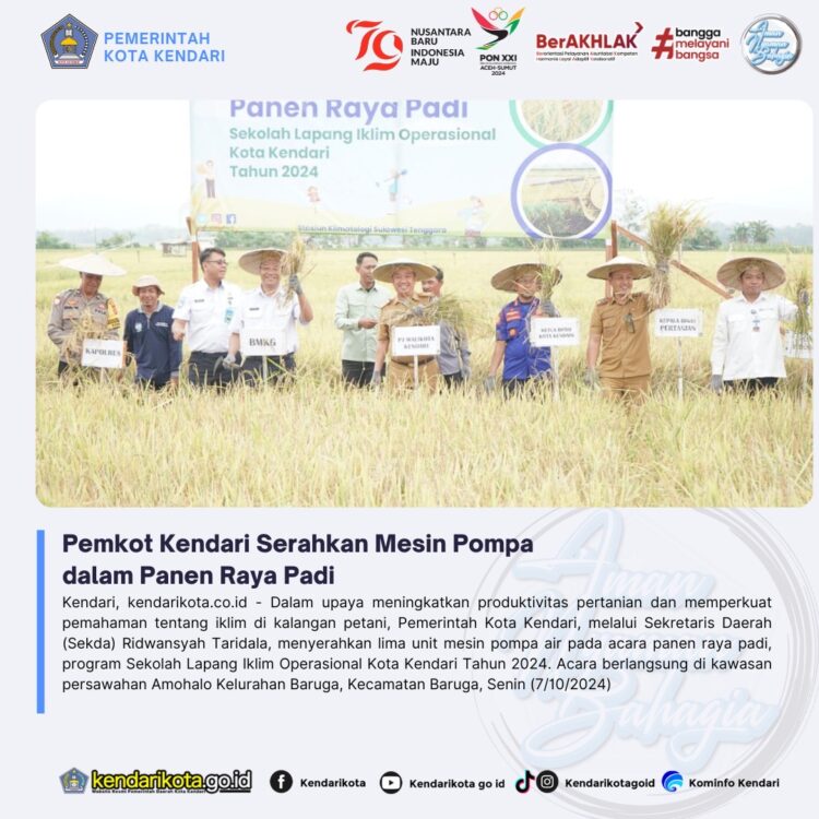 Pemkot Kendari Serahkan Mesin Pompa dalam Panen Raya Padi
