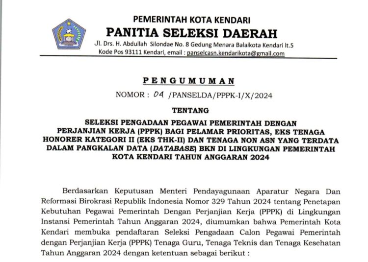 Pengumuman : Seleksi PPPK bagi Pelamar Prioritas, Eks THK-II, dan Tenaga Non ASN Database BKN lingkup Pemerintah Kota Kendari T.A. 2024