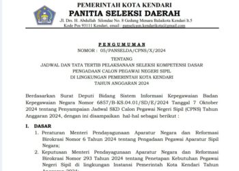 Pengumuman : Jadwal dan Tata Tertib Pelaksanaan Seleksi Kompetensi Dasar Pengadaan Calon Pegawai Negeri Sipil Di Lingkungan Pemerintah Kota Kendari Tahun Anggaran 2024