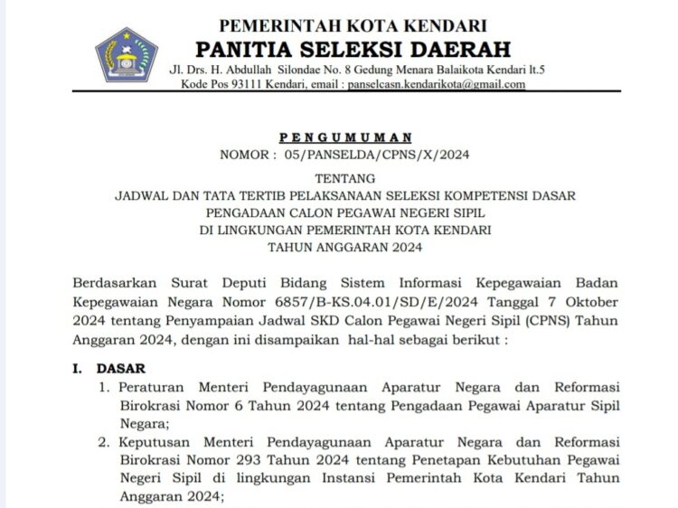 Pengumuman : Jadwal dan Tata Tertib Pelaksanaan Seleksi Kompetensi Dasar Pengadaan Calon Pegawai Negeri Sipil Di Lingkungan Pemerintah Kota Kendari Tahun Anggaran 2024