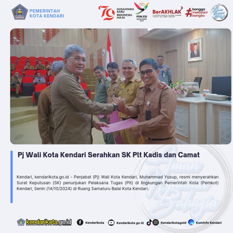 Pj Wali Kota Kendari Serahkan SK Plt Kadis dan Camat