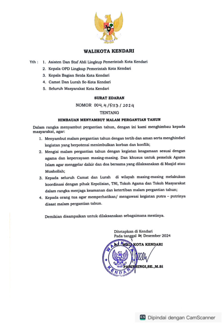Himbauan PJ. Wali Kota Kendari menyambut tahun baru 2025