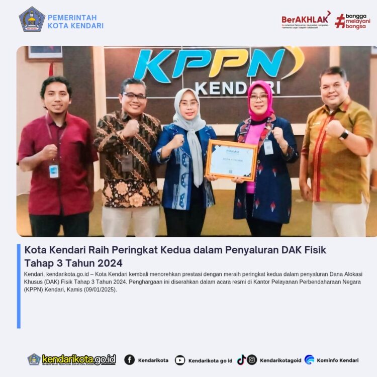 Kota Kendari Raih Peringkat Kedua dalam Penyaluran DAK Fisik Tahap 3 Tahun 2024