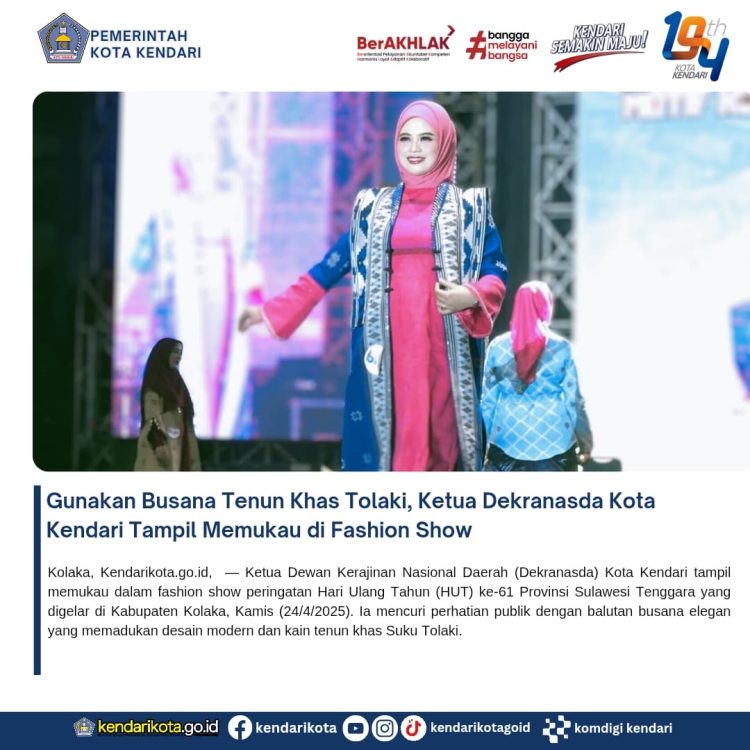 Gunakan Busana Tenun Khas Tolaki, Ketua Dekranasda Kota Kendari Tampil Memukau di Fashion Show