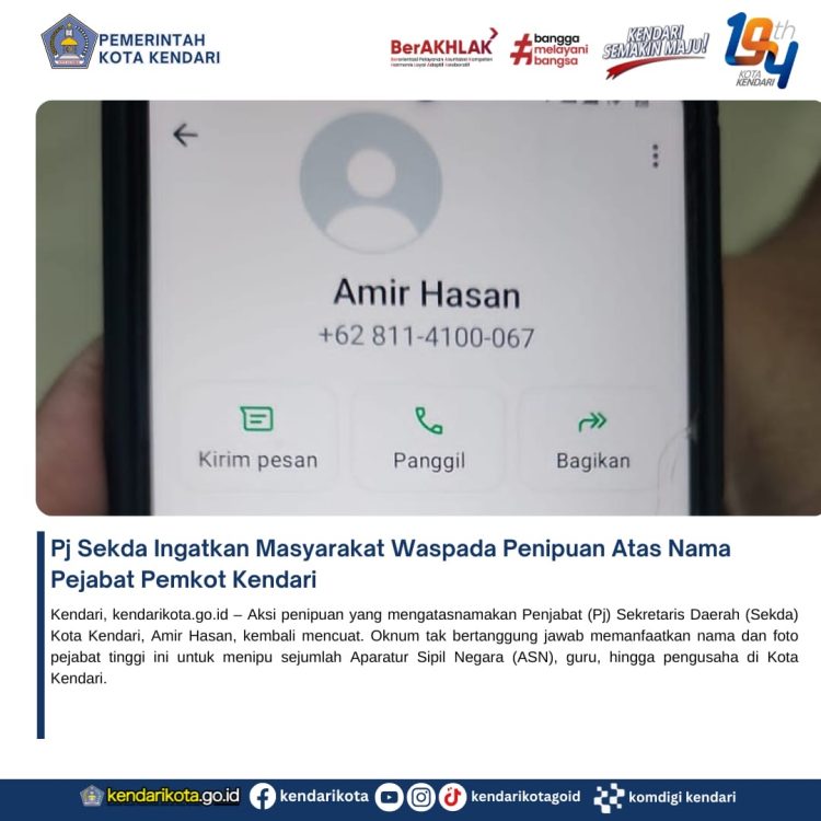 Pj Sekda Ingatkan Masyarakat Waspada Penipuan Atas Nama Pejabat Pemkot Kendari