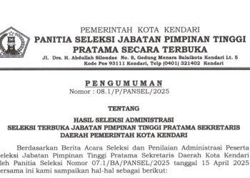 [PENGUMUMAN] Hasil Seleksi Administrasi Seleksi Terbuka JPT Pratama Sekda Pemerintah Kota Kendari 2025
