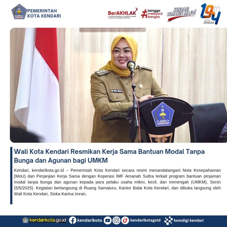 Wali Kota Kendari Resmikan Kerja Sama Bantuan Modal Tanpa Bunga dan Agunan bagi UMKM