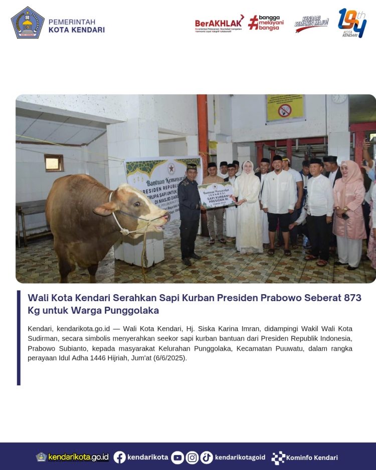 Wali Kota Kendari Serahkan Sapi Kurban Presiden Prabowo Seberat 873 Kg untuk Warga Punggolaka