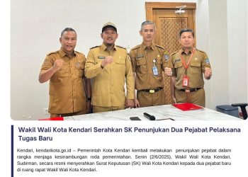 Wakil Wali Kota Kendari Serahkan Surat Perintah Penunjukan Dua Pejabat Pelaksana Tugas Baru