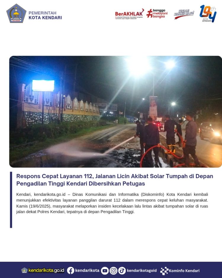 Respons Cepat Layanan 112, Jalanan Licin Akibat Solar Tumpah di Depan Pengadilan Tinggi Kendari Dibersihkan Petugas
