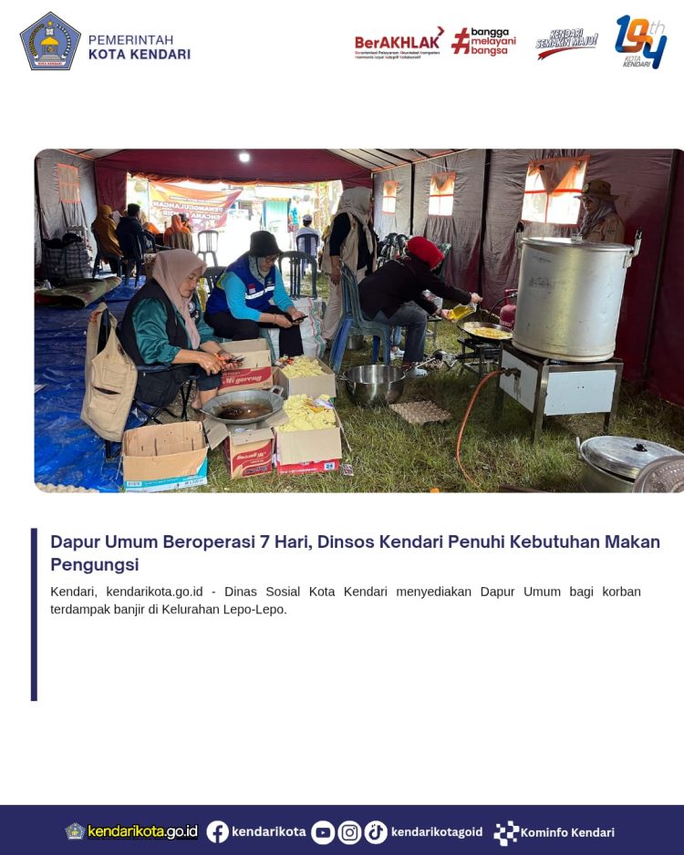 Dapur Umum Beroperasi 7 Hari, Dinsos Kendari Penuhi Kebutuhan Makan Pengungsi