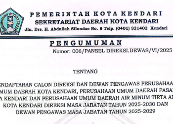 [PENGUMUMAN] PENDAFTARAN CALON DIREKSI DAN DEWAS PERUMDA KOTA KENDARI, PERUMDA PASAR, PERUMDA AIR MINUM TIRTA ANOA KOTA KENDARI DIREKSI MASA JABATAN 2025-2030 DAN DEWAS MASA JABATAN 2025-2029