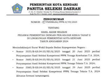 Pengumuman : Hasil Seleksi Pegawai Pemerintah dengan Perjanjian Kerja Tahap II Lingkup Pemerintah Kota Kendari Tahun Anggaran 2024