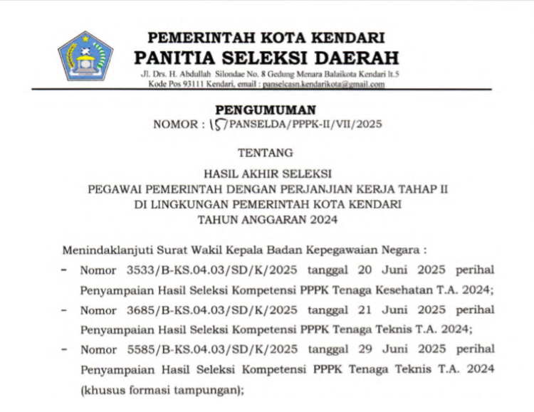 Pengumuman : Hasil Seleksi Pegawai Pemerintah dengan Perjanjian Kerja Tahap II Lingkup Pemerintah Kota Kendari Tahun Anggaran 2024