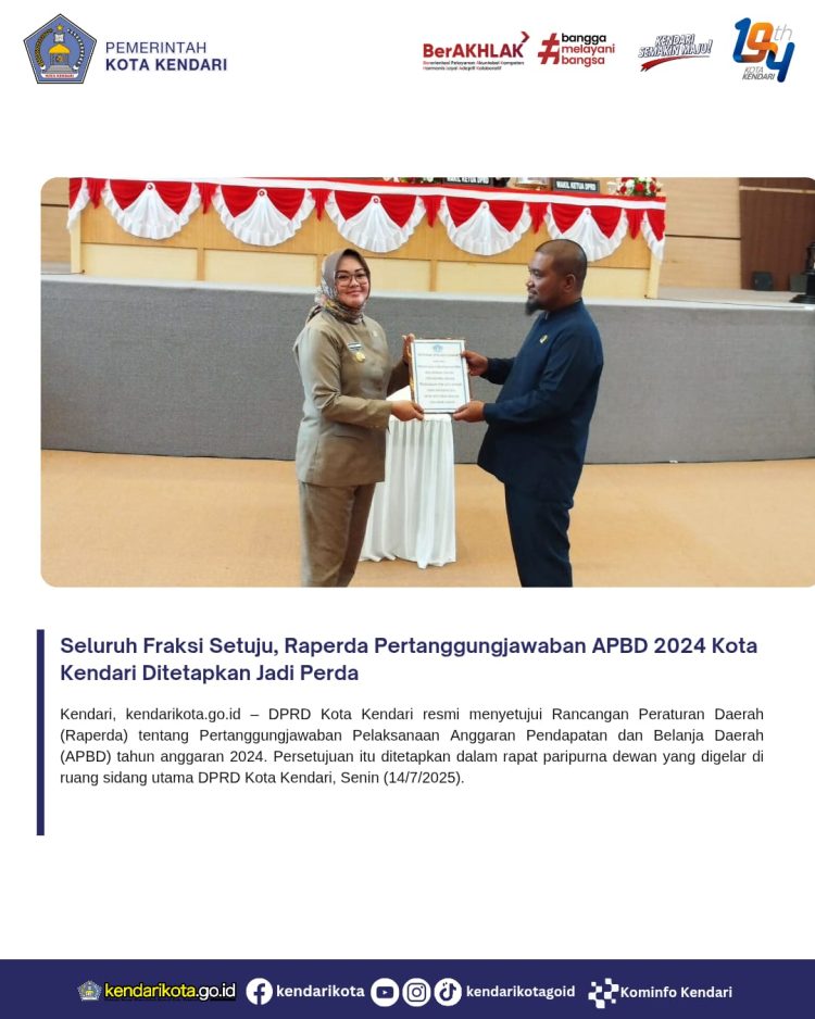 Seluruh Fraksi Setuju, Raperda Pertanggungjawaban APBD 2024 Kota Kendari Ditetapkan Jadi Perda