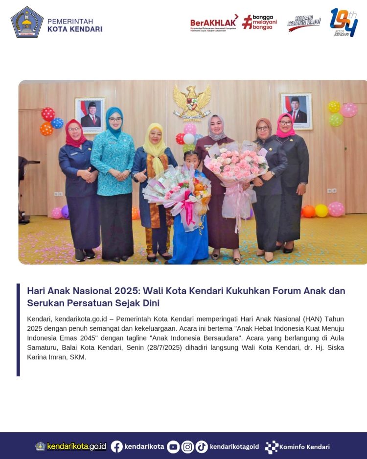 Hari Anak Nasional 2025: Wali Kota Kendari Kukuhkan Forum Anak dan Serukan Persatuan Sejak Dini