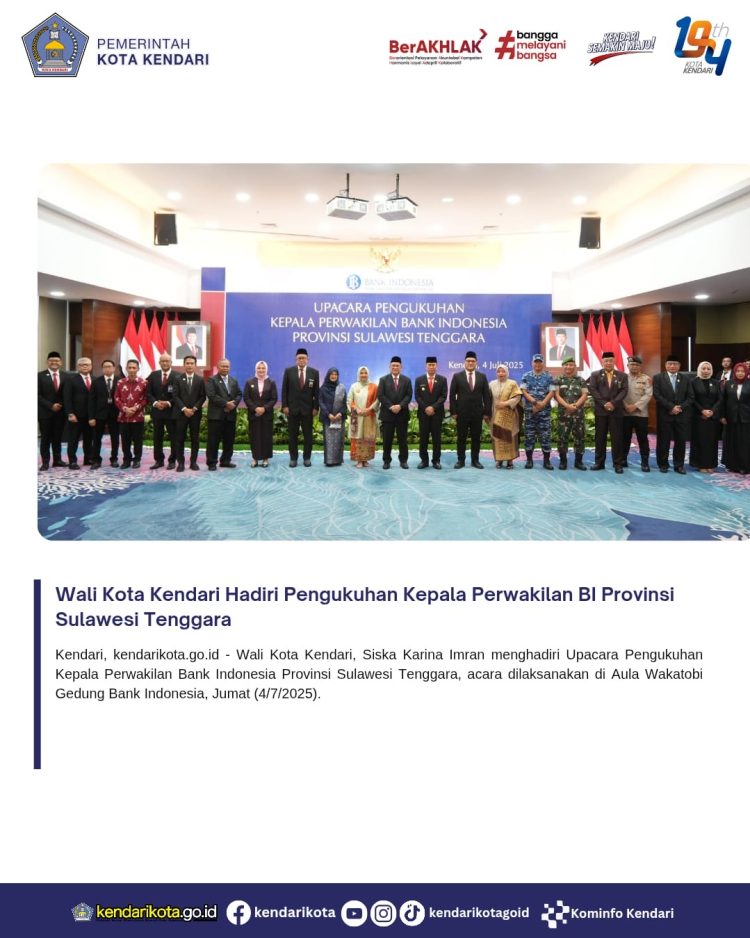 Wali Kota Kendari Hadiri Pengukuhan Kepala Perwakilan BI Provinsi Sulawesi Tenggara