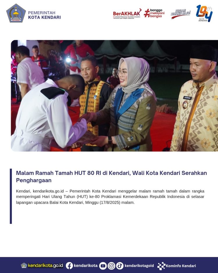 Malam Ramah Tamah HUT 80 RI di Kendari, Wali Kota Kendari Serahkan Penghargaan