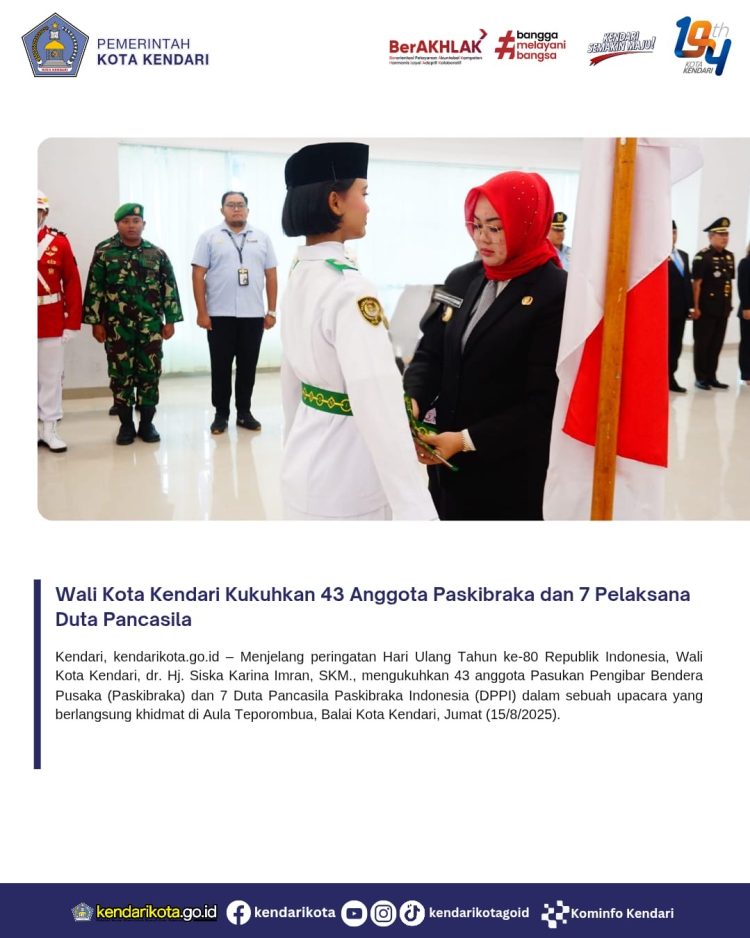 Wali Kota Kendari Kukuhkan 43 Anggota Paskibraka dan 7 Pelaksana Duta Pancasila