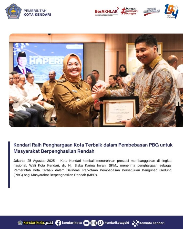 Kendari Raih Penghargaan Kota Terbaik dalam Pembebasan PBG untuk Masyarakat Berpenghasilan Rendah