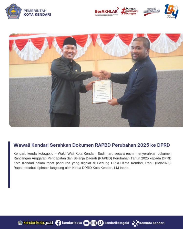 Wawali Kendari Serahkan Dokumen RAPBD Perubahan 2025 ke DPRD