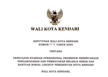 SK WALIKOTA KENDARI TENTANG PENETAPAN SOP PERENCANAAN  PENGANGGARAN DAN PEMBAYARAN BELANJA HIBAH DAN BANSOS LINGKUP PEMKOT KENDARI