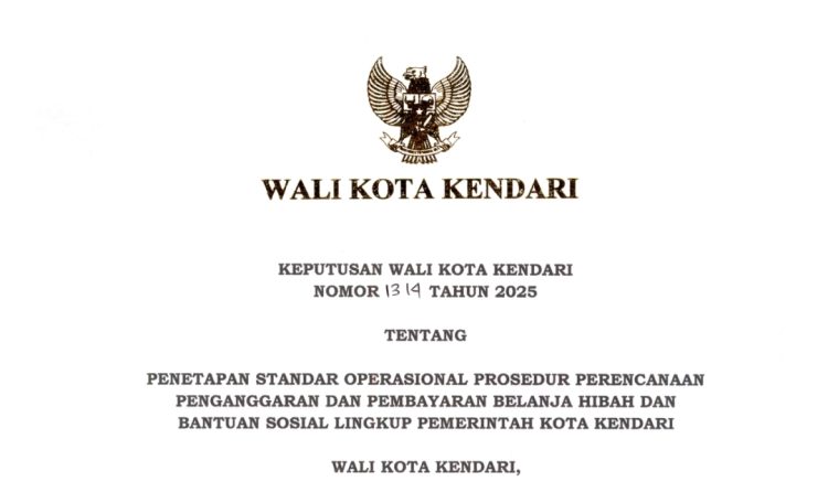 SK WALIKOTA KENDARI TENTANG PENETAPAN SOP PERENCANAAN  PENGANGGARAN DAN PEMBAYARAN BELANJA HIBAH DAN BANSOS LINGKUP PEMKOT KENDARI