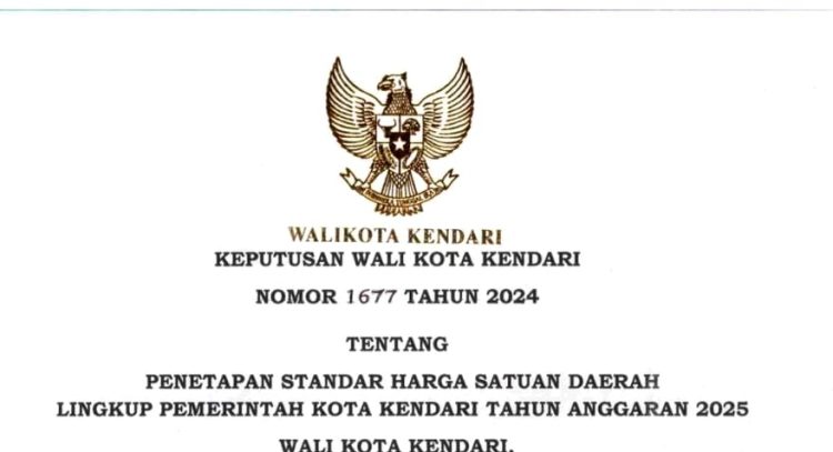 Keputusan Walikota Kendari Nomor 1677 Tahun 2024 Tentang Penetapan Standar Harga Satuan Daerah Lingkup Pemerintah Kota Kendari Tahun Anggaran 2025