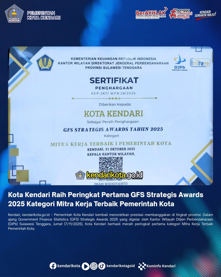 Kota Kendari Raih Peringkat Pertama GFS Strategis Awards 2025 Kategori Mitra Kerja Terbaik Pemerintah Kota
