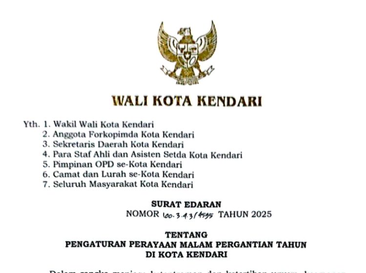 Surat Edaran Tentang Pengaturan Perayaan Malam Pergantian Tahun di Kota Kendari
