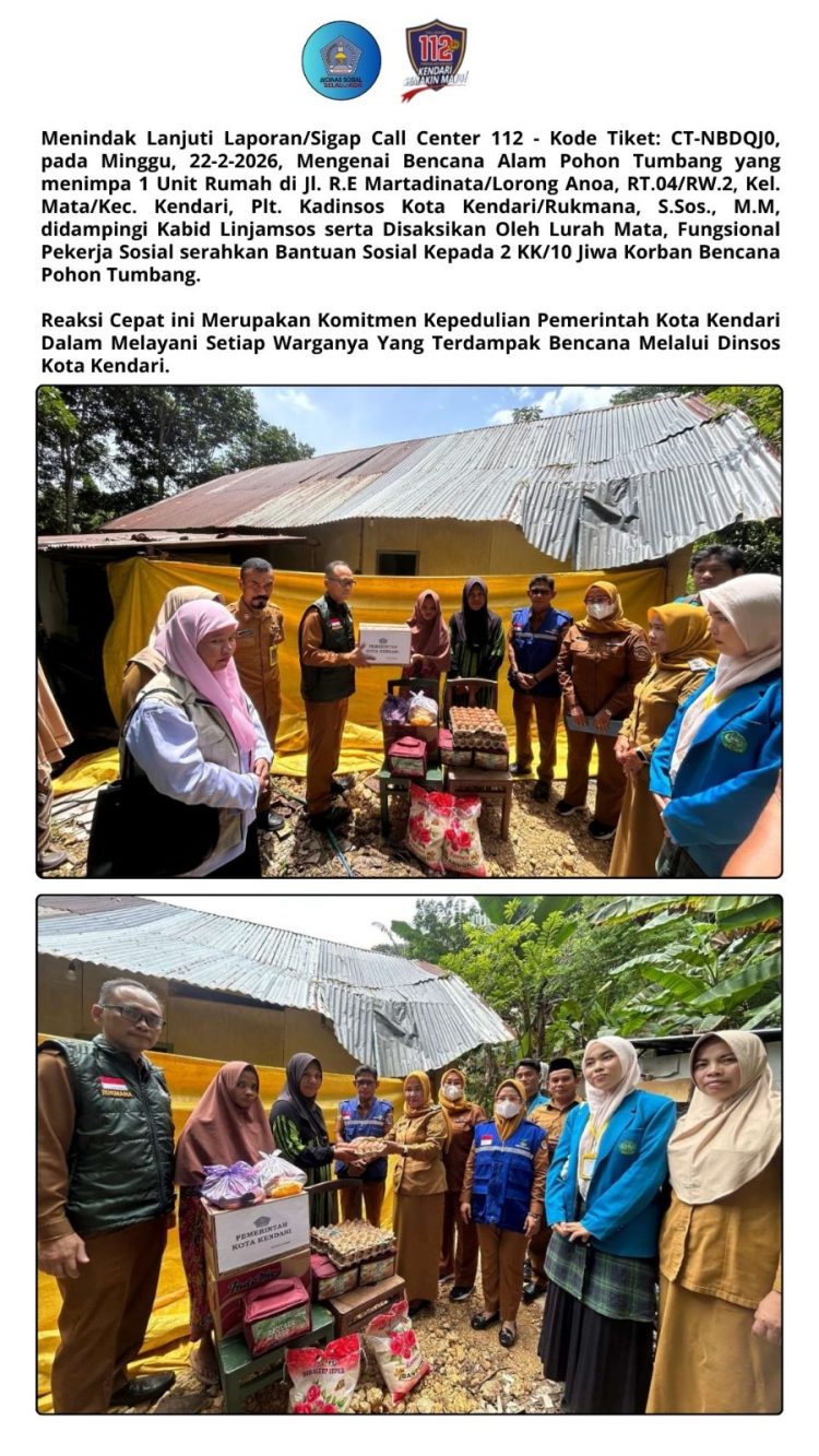 Dinsos Kendari Serahkan Bantuan pada Korban Pohon Tumbang di Kelurahan Mata
