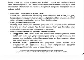 Pemkot Kendari Terbitkan Surat Edaran Penutupan THM dan Larangan Minuman Beralkohol Selama Ramadan 1447 H