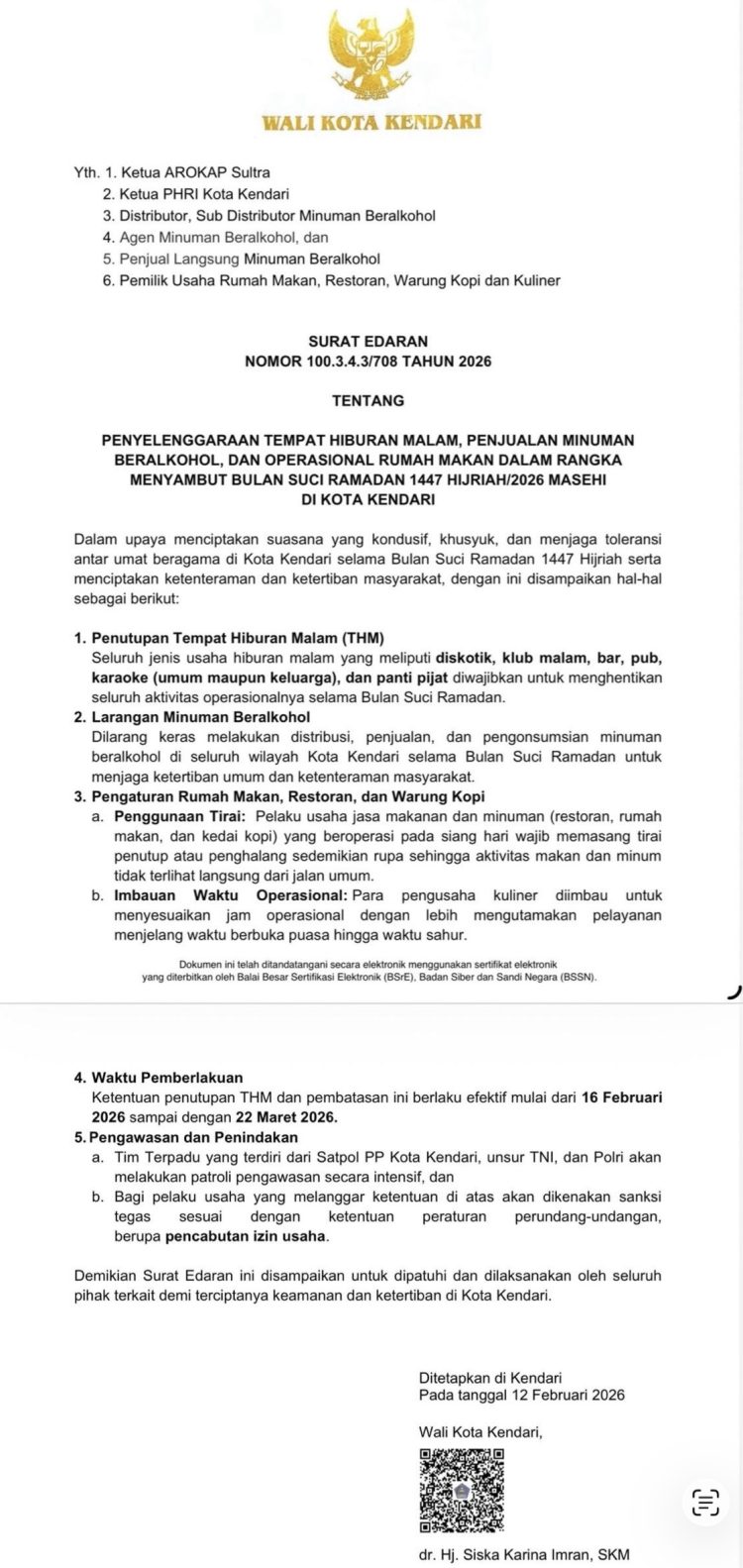 Pemkot Kendari Terbitkan Surat Edaran Penutupan THM dan Larangan Minuman Beralkohol Selama Ramadan 1447 H