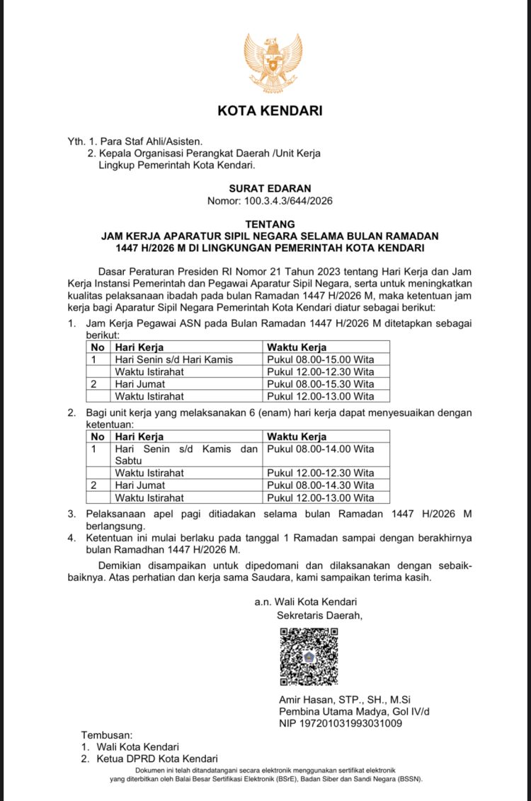 Pemkot Kendari Terbitkan Surat Edaran Jam Kerja ASN Selama Ramadan 1447 H/2026 M