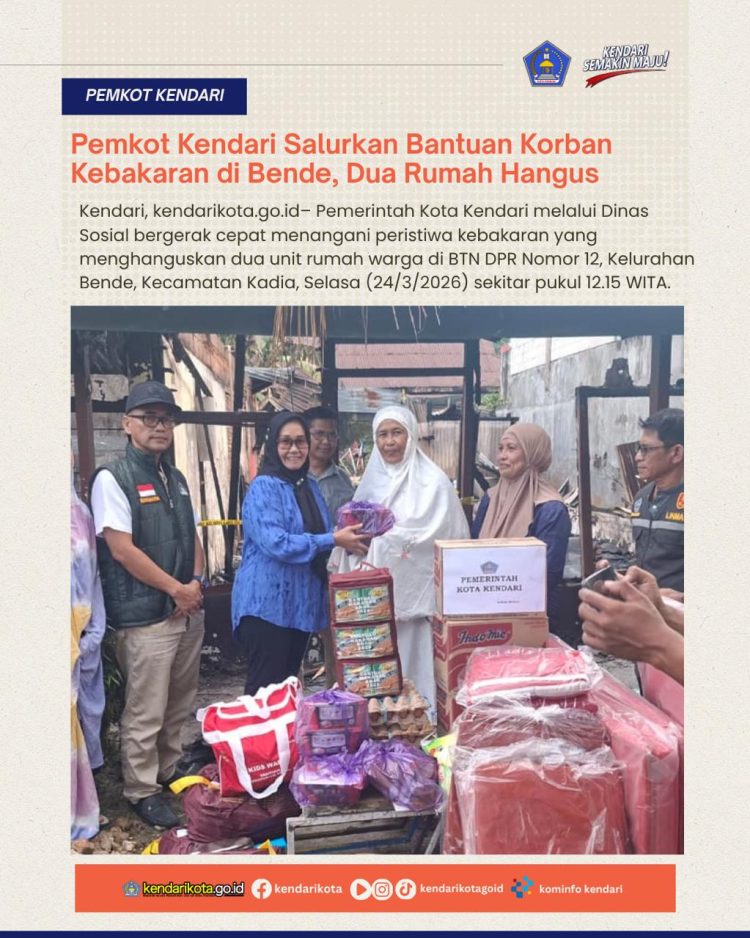 Pemkot Kendari Salurkan Bantuan Korban Kebakaran di Bende, Dua Rumah Hangus