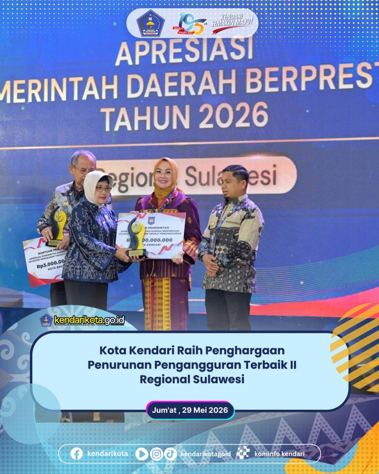 Kota Kendari Raih Penghargaan Penurunan Pengangguran Terbaik II Regional Sulawesi