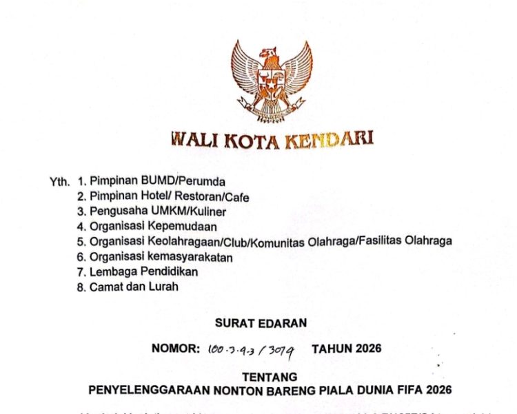 Surat Edaran Walikota Kendari tentang Penyelenggaraan Nonton Bareng Piala Dunia FIFA 2026