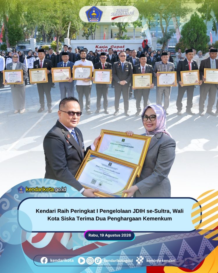 Kendari Raih Peringkat I Pengelolaan JDIH se-Sultra, Wali Kota Siska Terima Dua Penghargaan Kemenkum