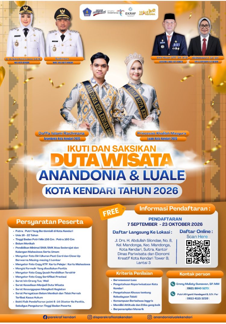 Dinas Pariwisata Kota Kendari Buka Pendaftaran Duta Wisata Anandonia-Luale 2026, Ini Syaratnya